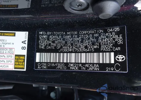 2025 Toyota Corolla Hybrid Le from USA, damaged, VIN JTDBCMFE7S3096415